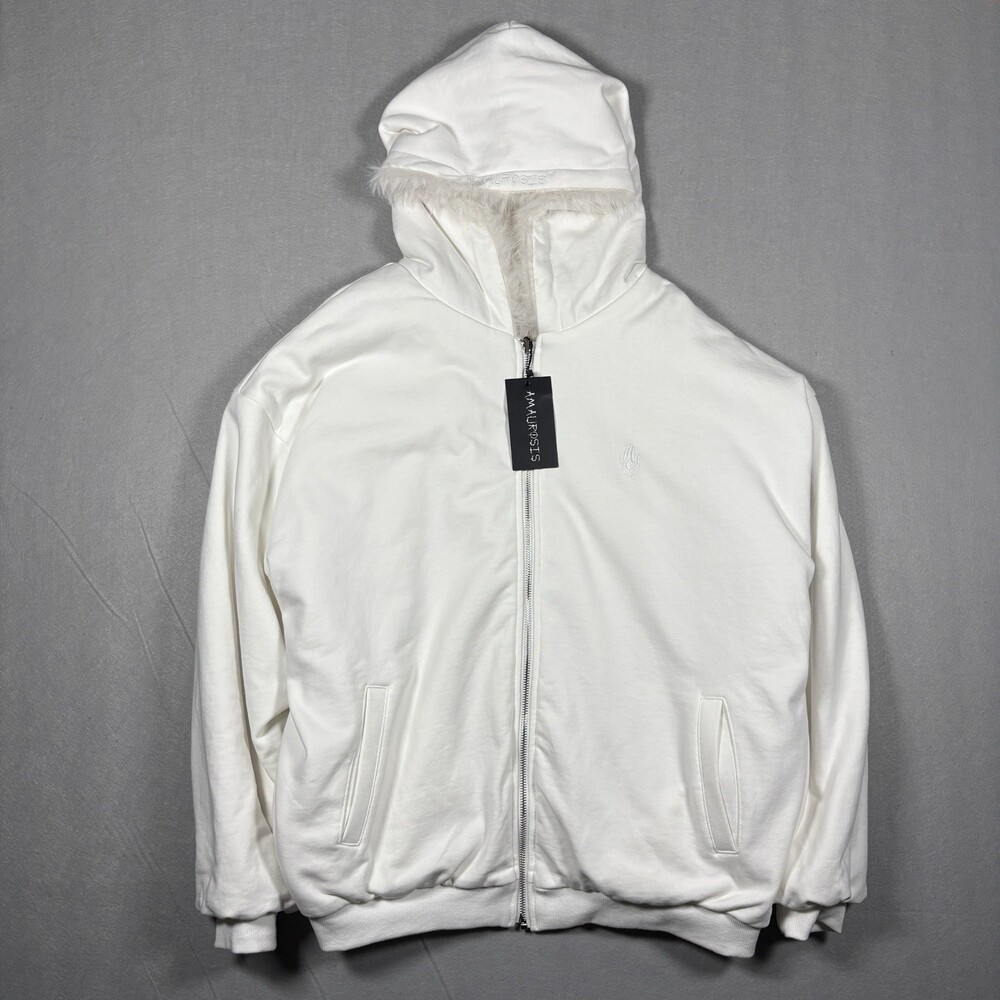 Amaurosis White Fur Lined Hoodie Size L Zip Up Jacket